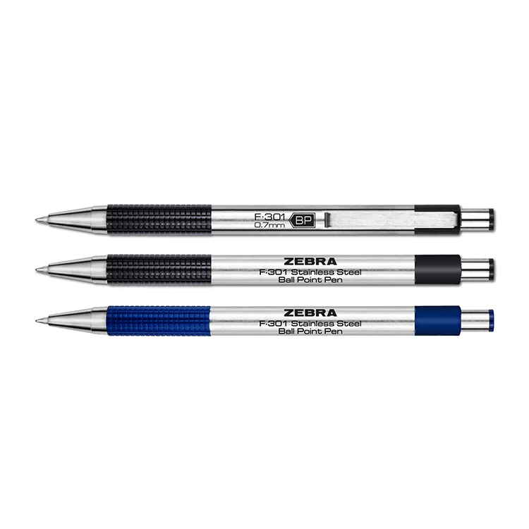 Zebra F-301A Aluminum Barrel Retractable Ball Point Pen with Stainless Steel Trim & Textured Grip 1