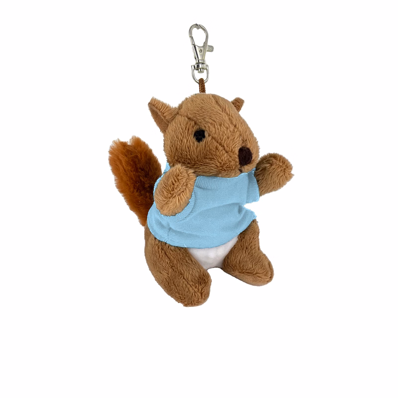 Soft Plush Sitting Squirrel 4" Keychain wearing a T-Shirt