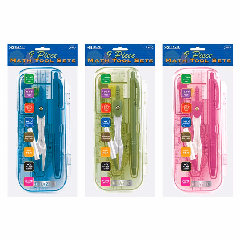 Math Tool Sets - 9 Piece Assorted Bright Colors