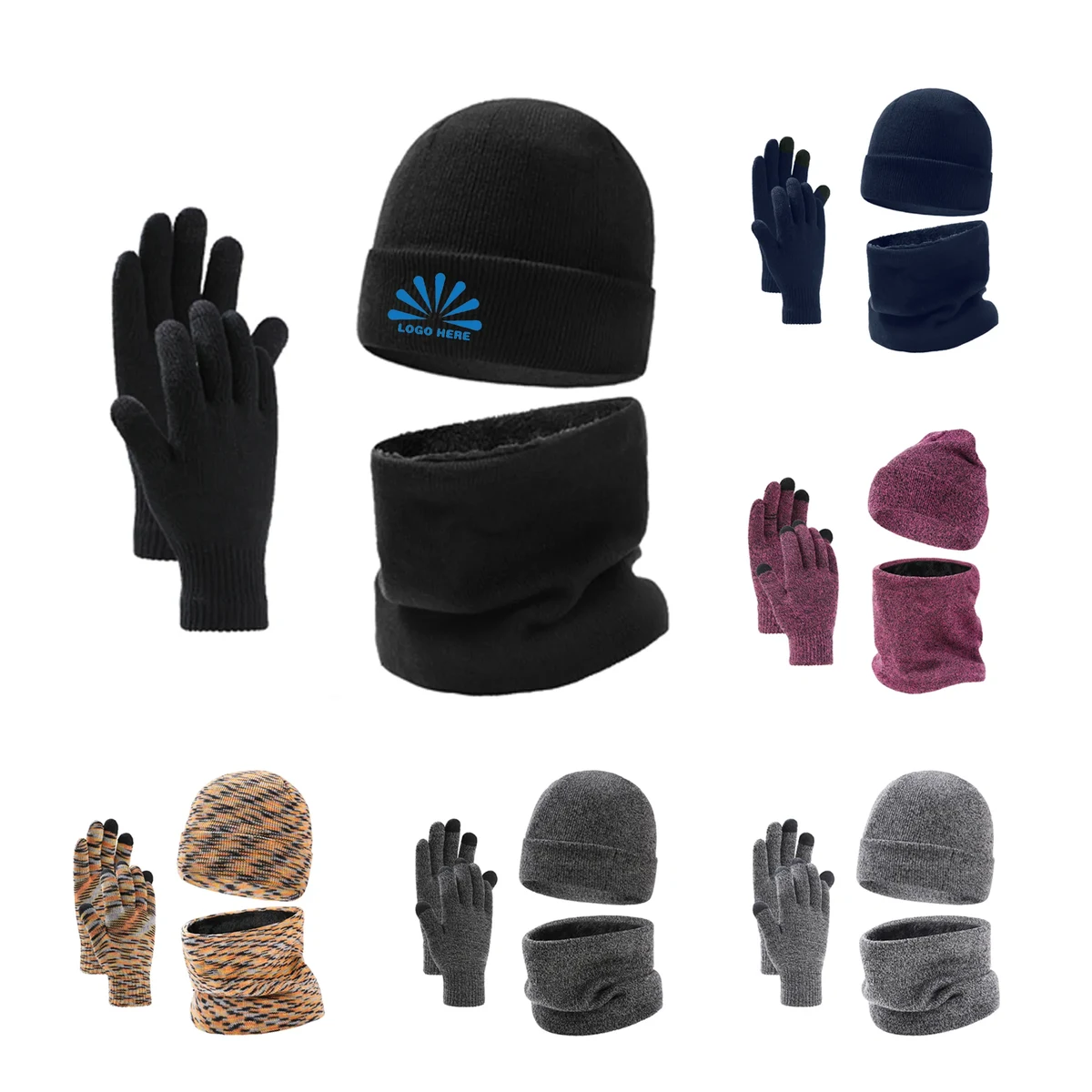 Winter Beanie Hat Scarf Touchscreen Gloves Set 1