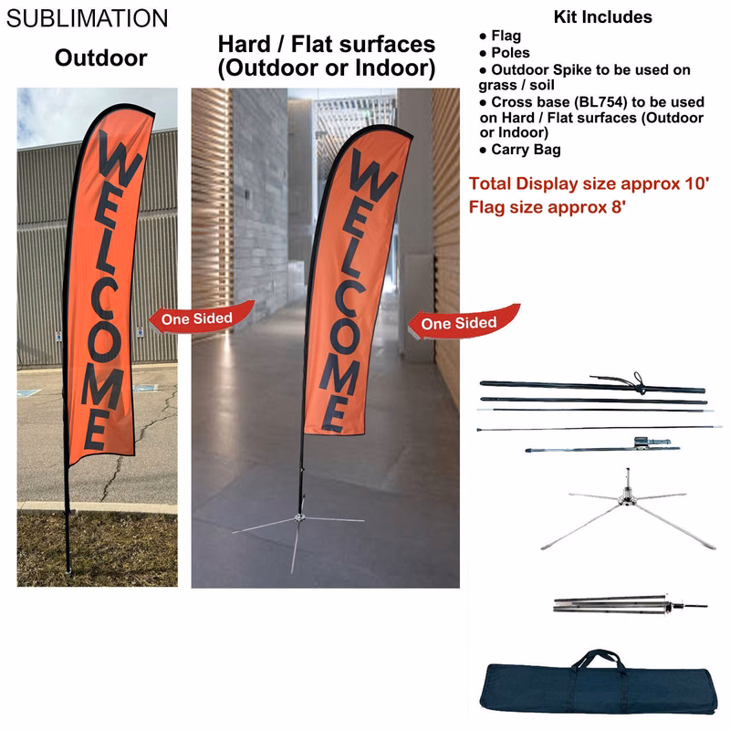 10' Small Feather Flag Kit, Full Color Graphics One Side, Outdoor Spike base, Indoor Cross Base