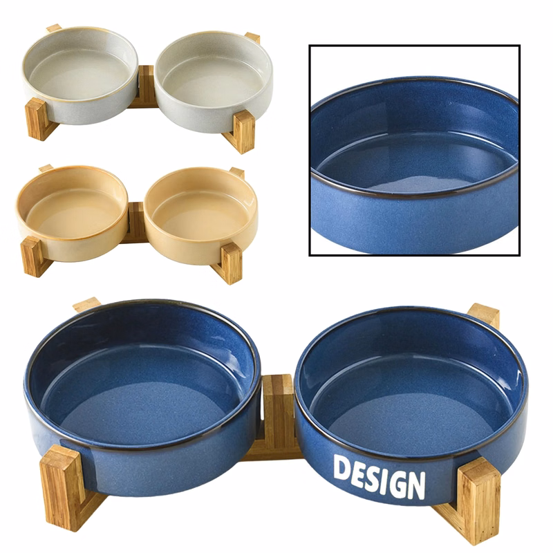 Ceramic Elegant Pet Bowl Set with Sturdy Wood Base