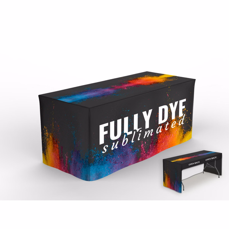 6' Fitted Table Cover, 3-Sided/Open Back, No Pleats - Fully Dye Sublimated