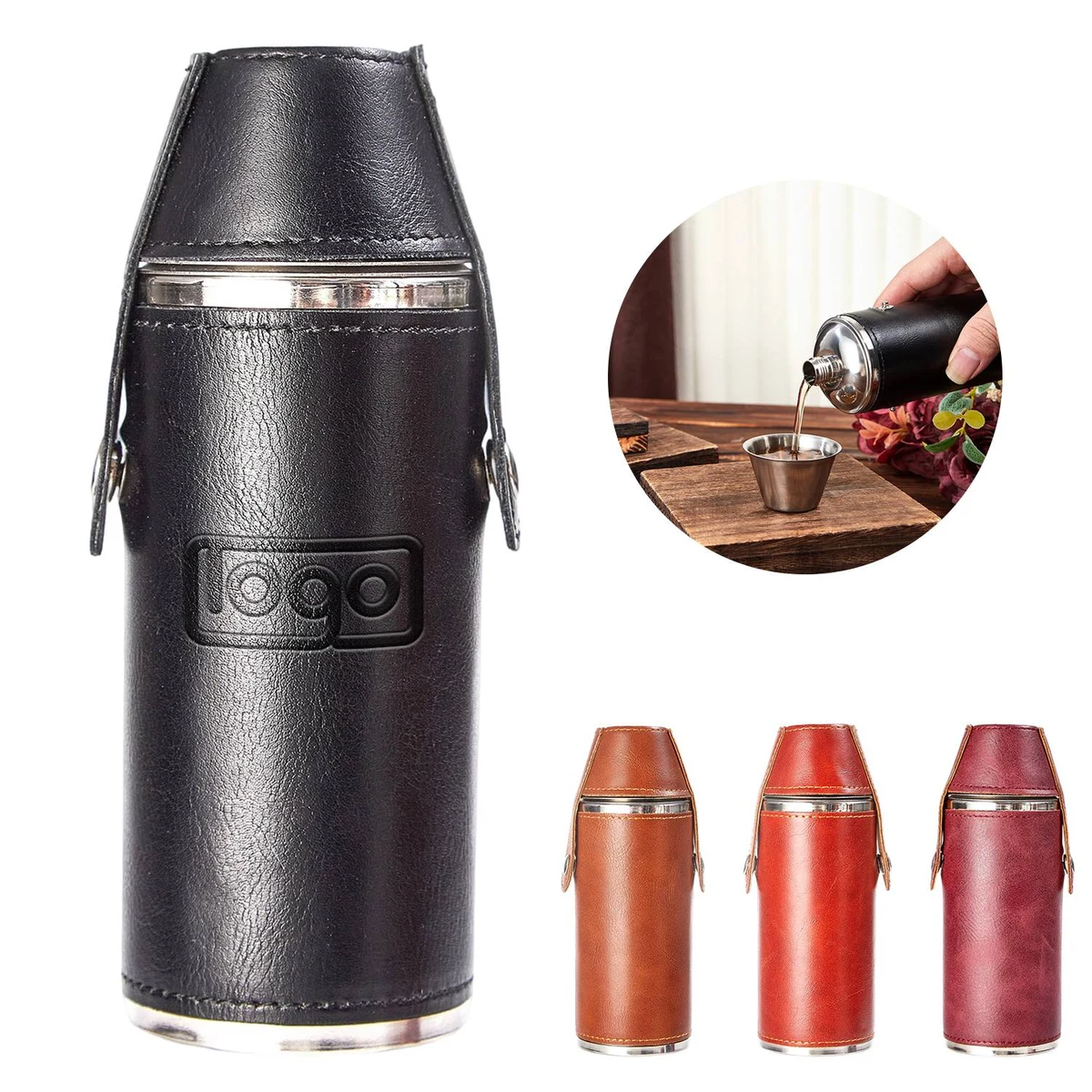 8oz Stainless Steel Flask w/ PU Leather Holder 1