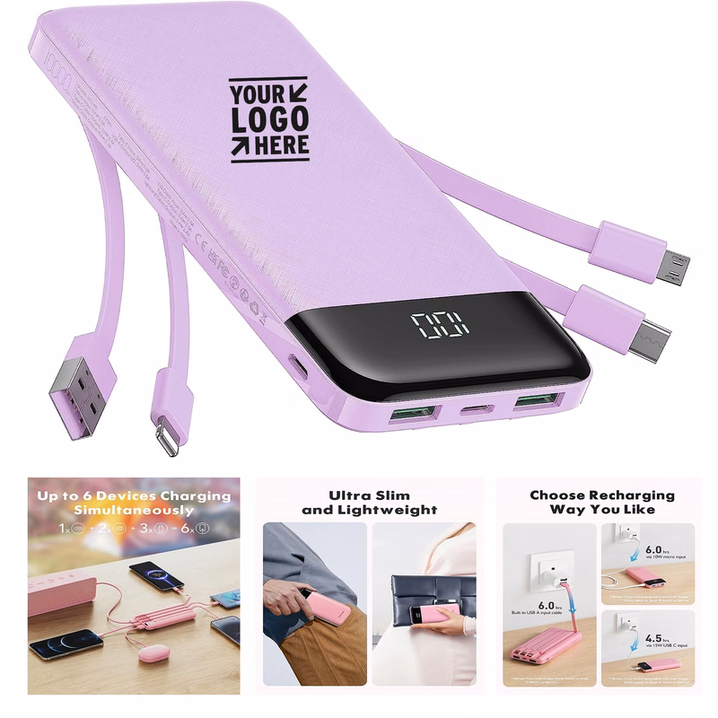 Portable 20000mAh Battery Pack 6 Outputs Built in Cables Charger 3A High Speed Power Bank
