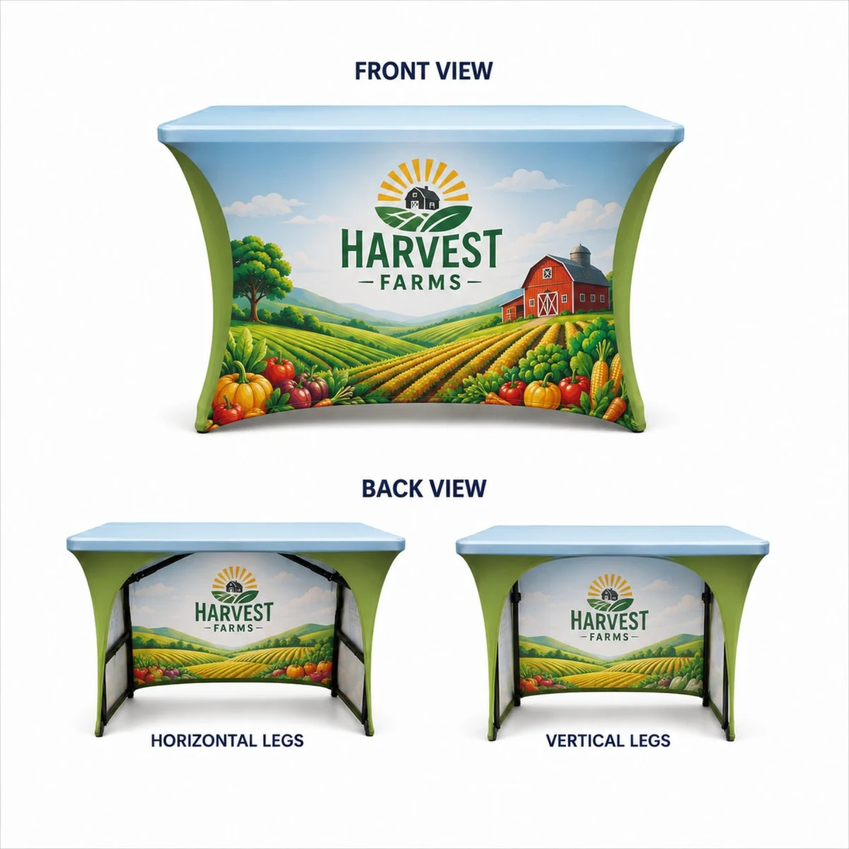 48 Hr Quick Ship - Sublimated Stretch Curved Fit Table Throw for 4ft Table, 3 sided, Open Back 1