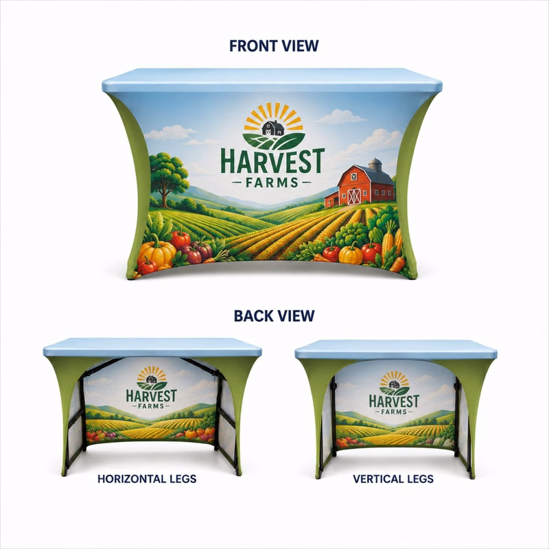 48 Hr Quick Ship - Sublimated Stretch Curved Fit Table Throw for 4ft Table, 3 sided, Open Back