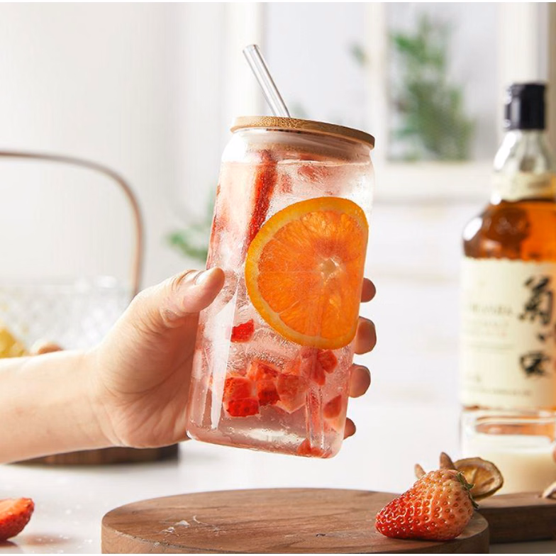Glass Can with Lid and Glass Straw