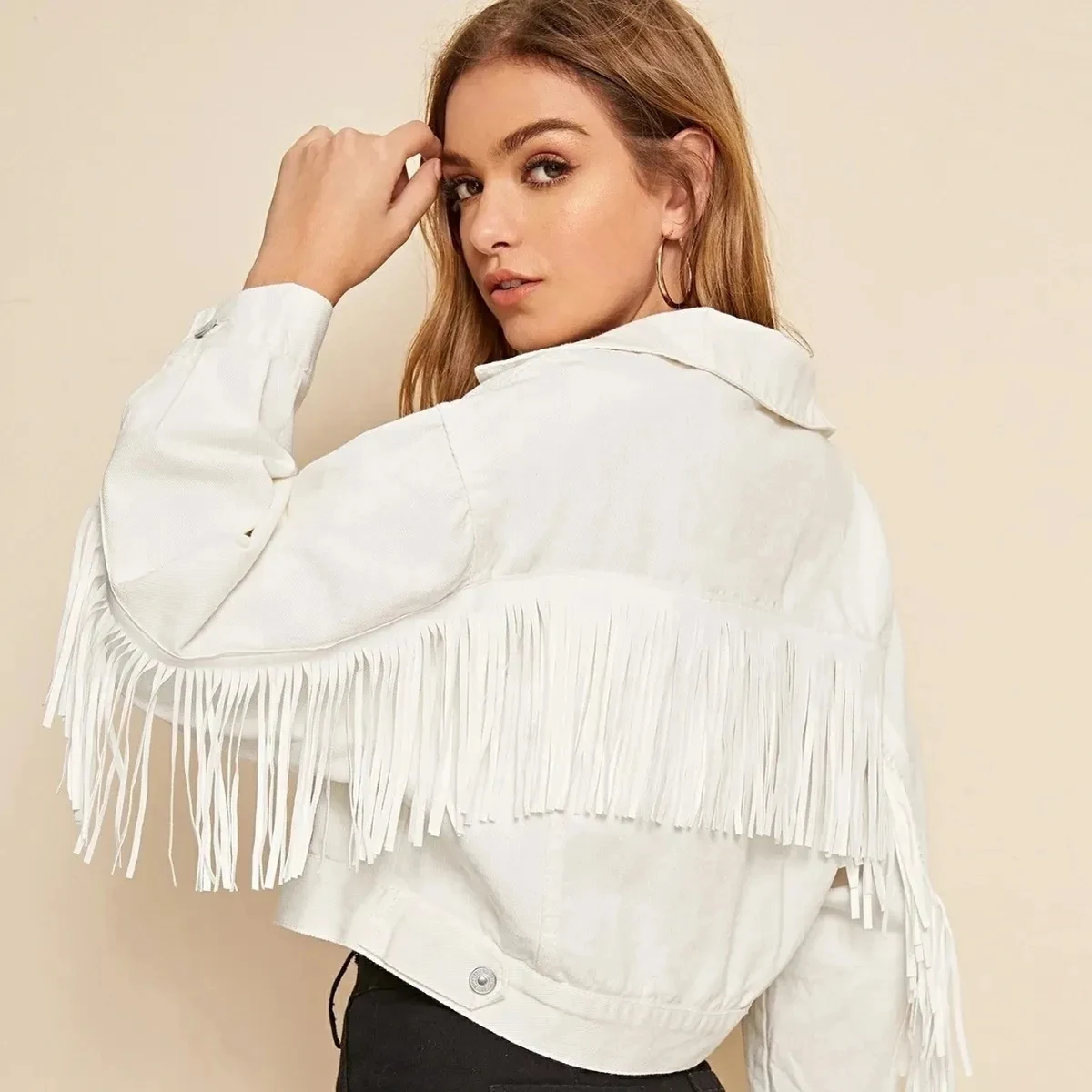 Women's Oversized Denim Jacket with Fringe Details 1