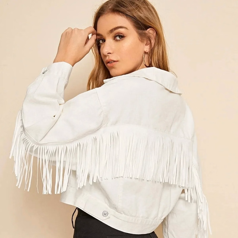 Women's Oversized Denim Jacket with Fringe Details