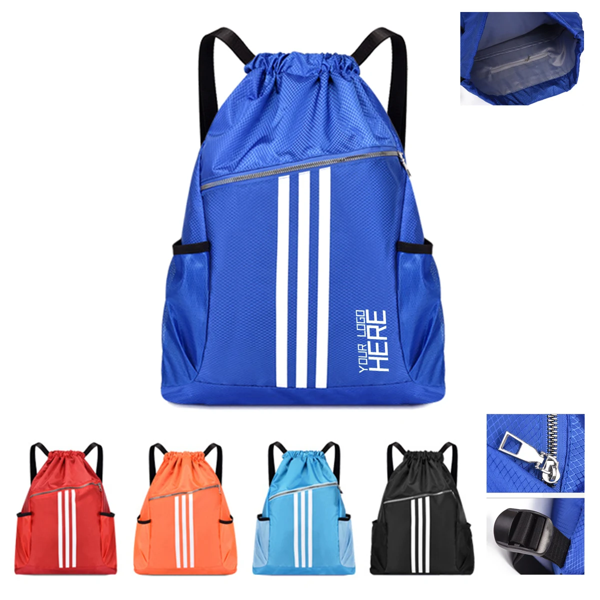 Drawstring Backpack With Zipper And Bottle Holder 1