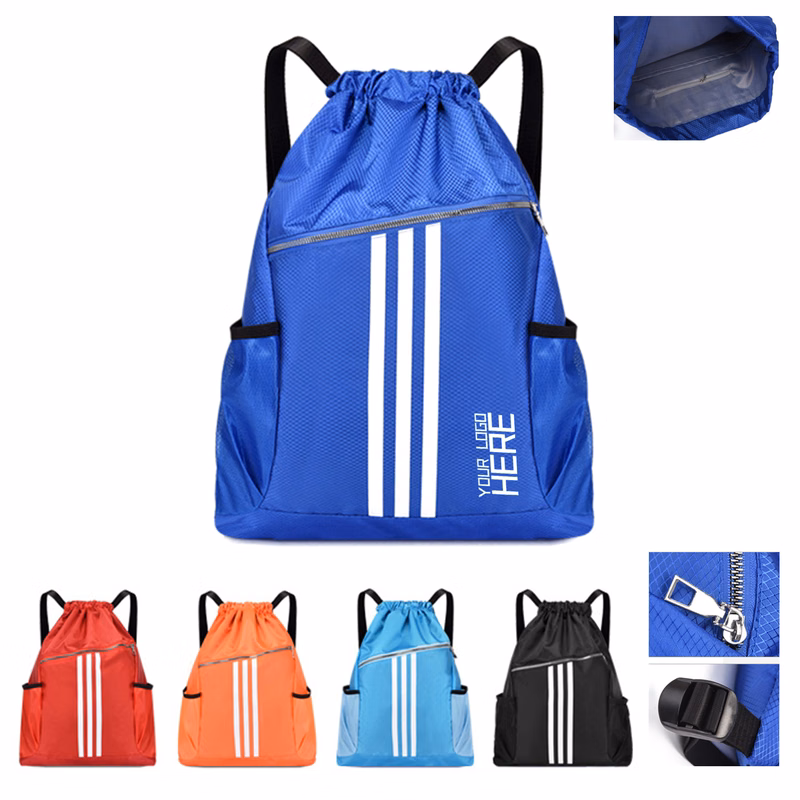 Drawstring Backpack With Zipper And Bottle Holder
