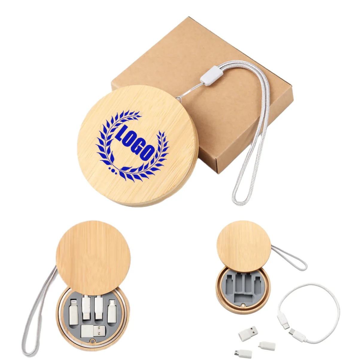 Round Bamboo Multi USB Charging Adapter Cable Kit for Travel 1