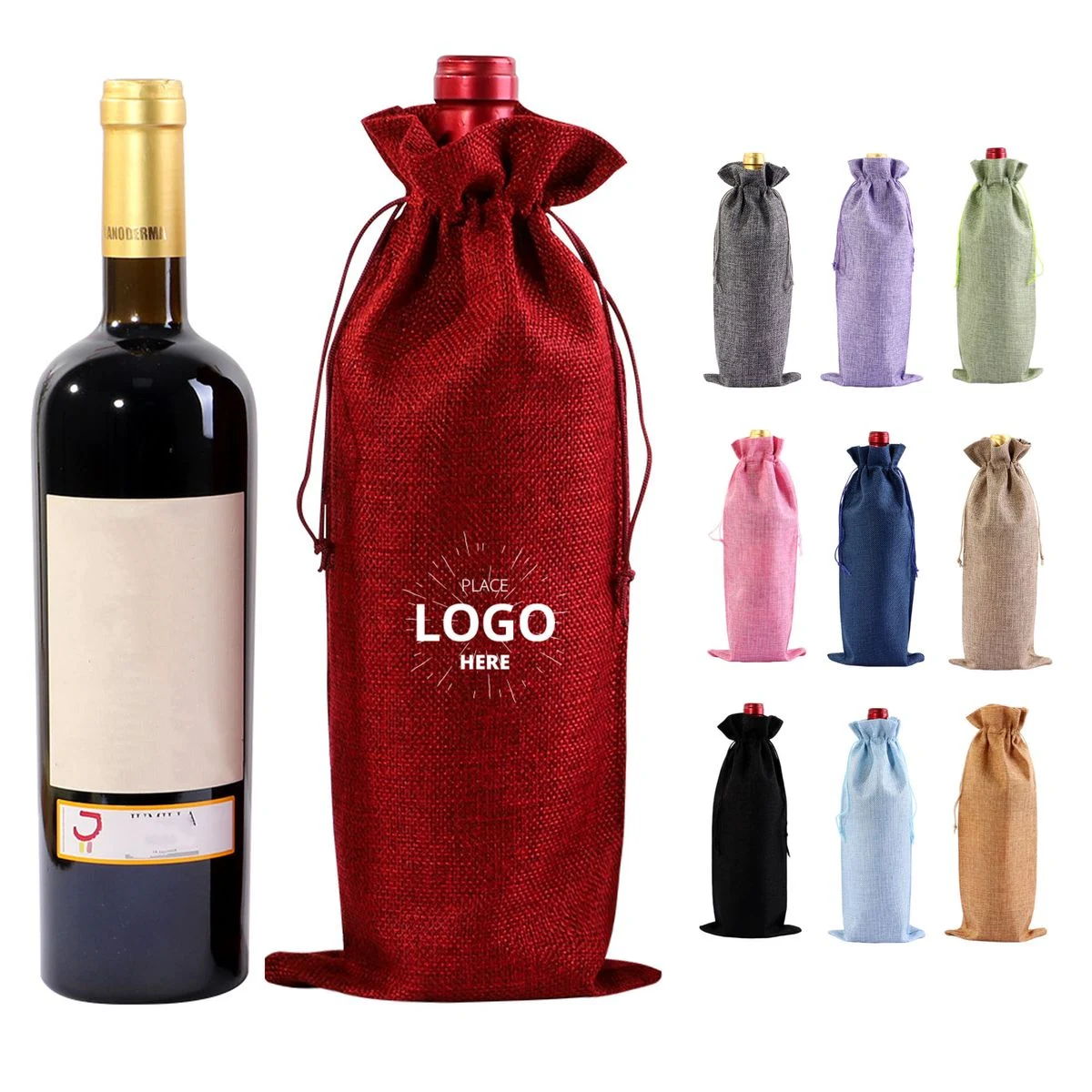 Compact Burlap Drawstring Wine Bag 1