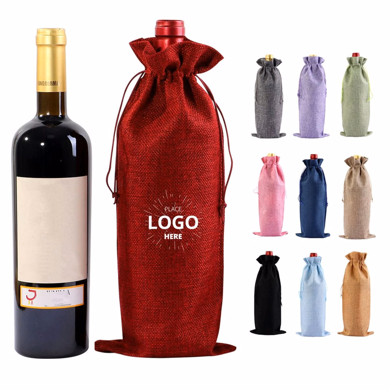 Compact Burlap Drawstring Wine Bag