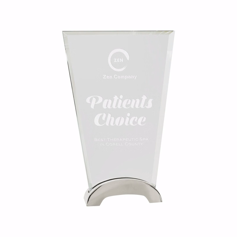 8 1/2" Clear Fan Platinum Glass Award w/ Arch Metal Base