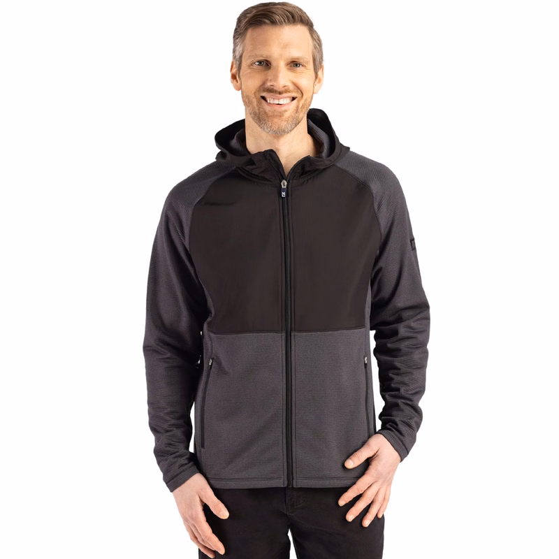 Cutter & Buck Peshastin Recycled Grid Fleece Mens Hybrid Hooded Full Zip Jacket