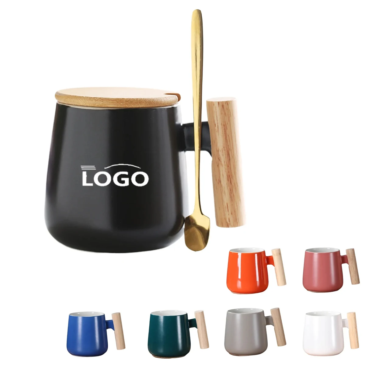 MOQ50 Simple Ceramic Mug with Wooden Handle and Spoon 1