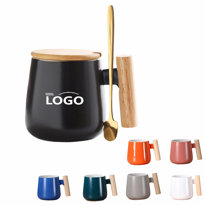 MOQ50 Simple Ceramic Mug with Wooden Handle and Spoon