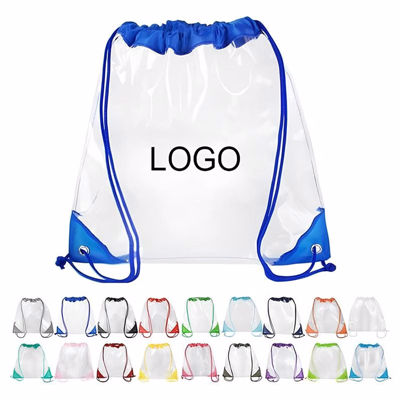 Clear PVC Drawstring Backpack W/ Leather Corner (12" W x 12" H)
