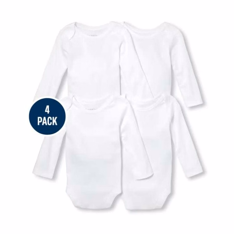 Unisex Long Sleeve Rompers White 12-24M 4 Pack