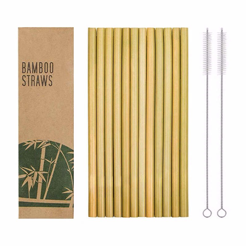 12pcs Reusable Bamboo Drinking Straw W/ Cleaning Brush In Paper Box