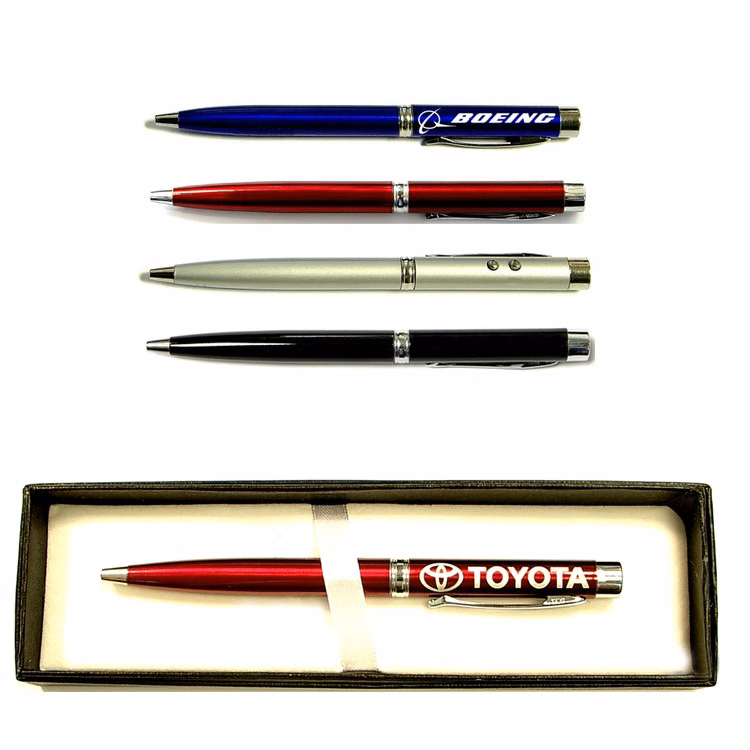 Twist action ballpoint pen with laser pointer and flashlight in gift case