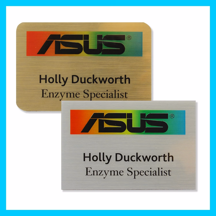 The Zeus full color metallic plastic name badge 2"x3"