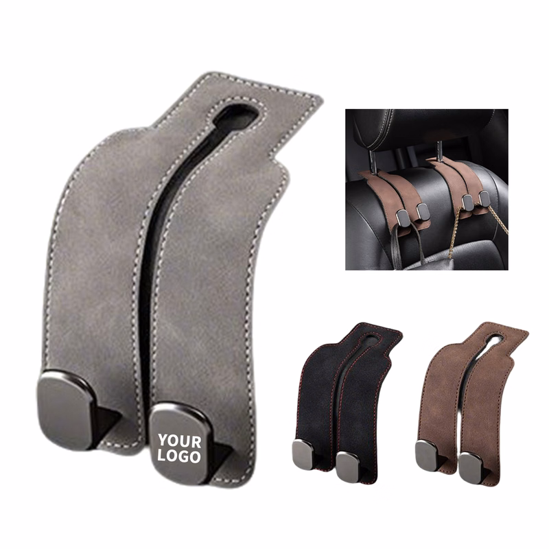 Alloy Headrest Utility Hook With Faux Leather Cover 6.69" Length X 3.35" Width