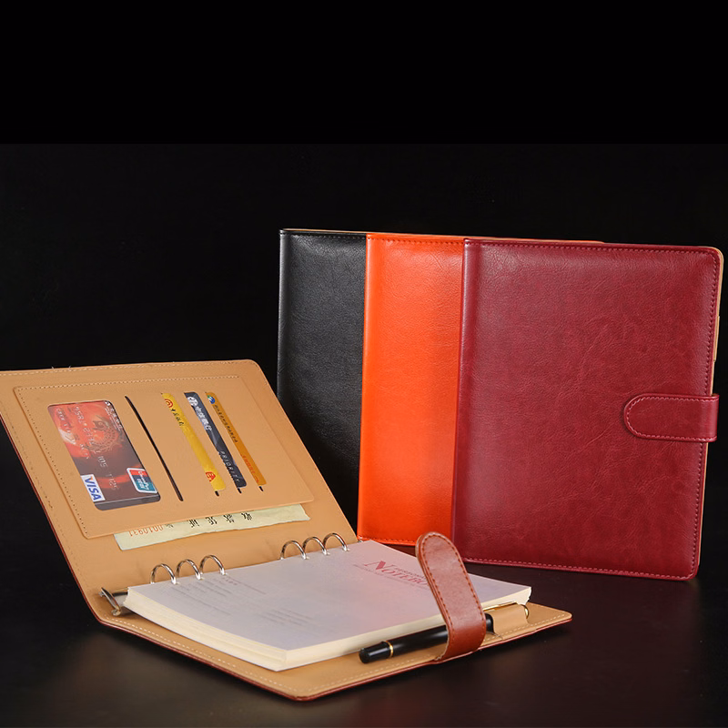 Refillable A5 PU Leather Spiral Notebook with Card Slots & Pen Holder
