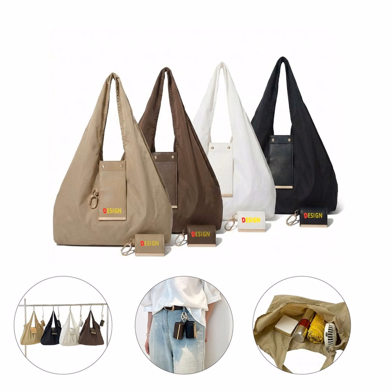 Foldable Shopping Bag Nylon With PU Leather Storage Pouch