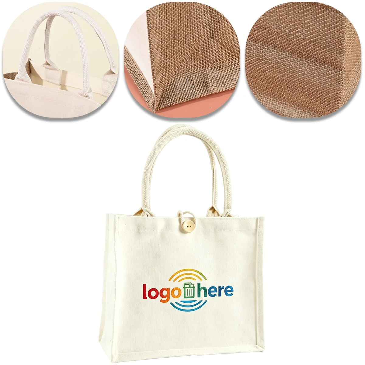 Snap Fastener Jute Carry Tote, custom tote bag with logo imprint 1