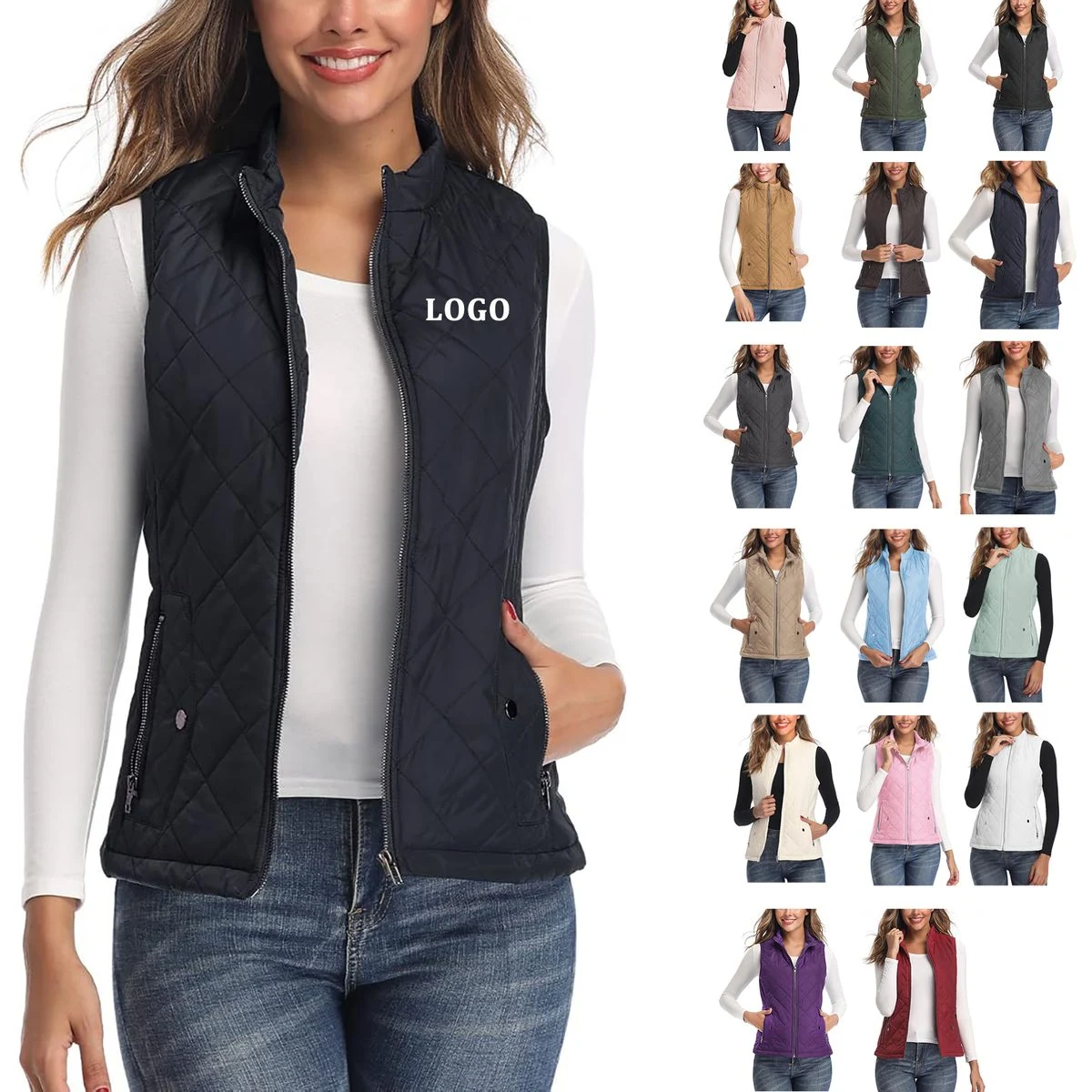 Women's Stand Collar Lightweight Zipper Quilted Vest 1