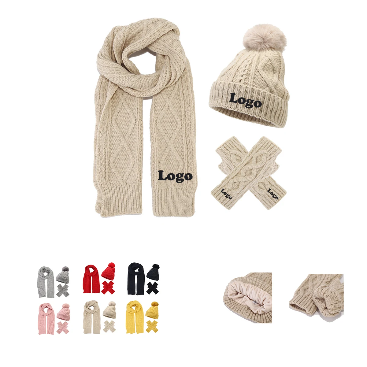 Winter 3Pcs Knit Long Scarf Touch Screen Gloves Set 1