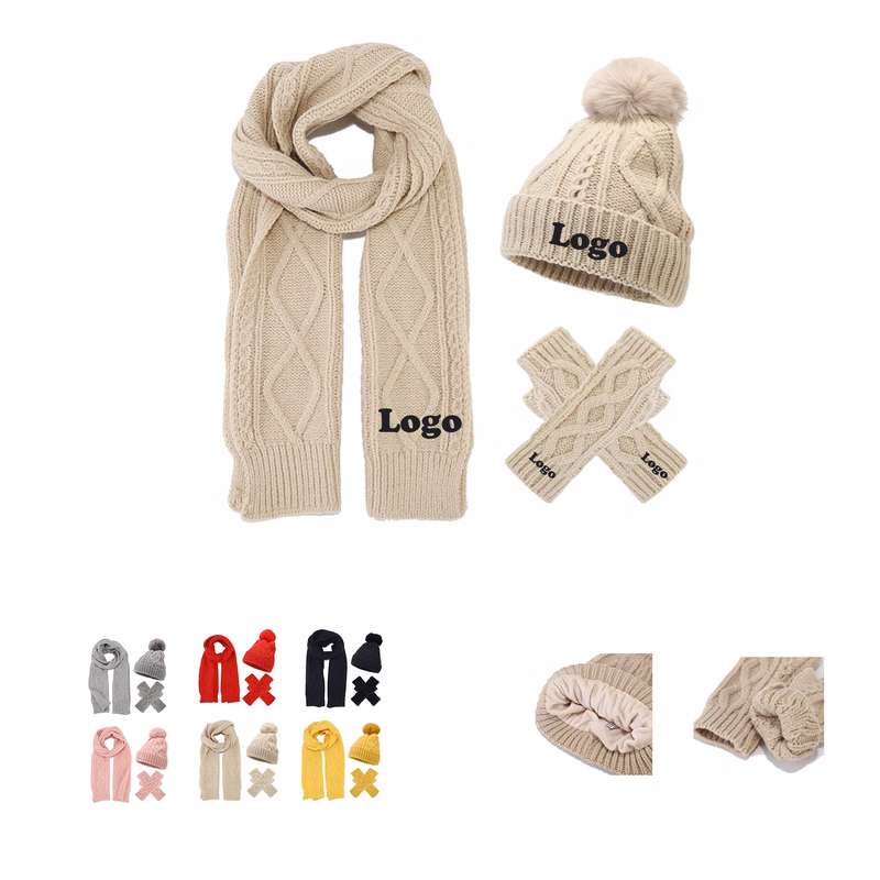 Winter 3Pcs Knit Long Scarf Touch Screen Gloves Set