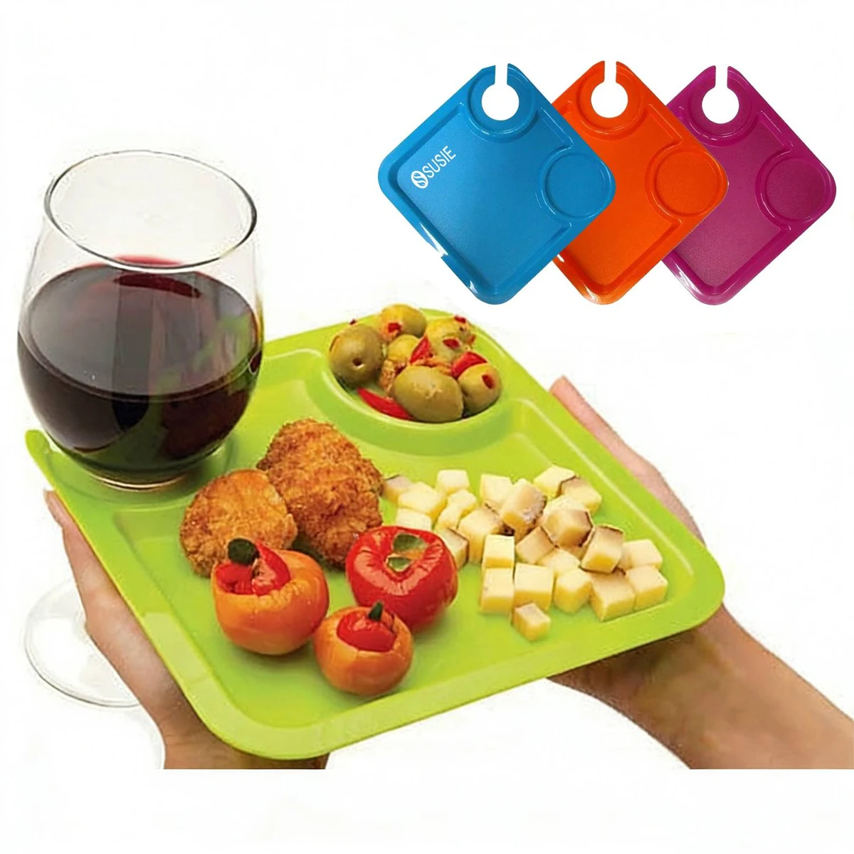 Plastic Square Party Plate w/ Stemware Holder 1