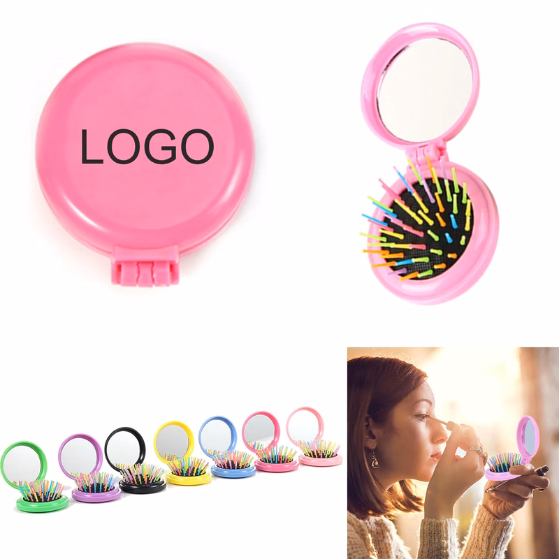 Round Mini Compact Massage Comb With Mirror