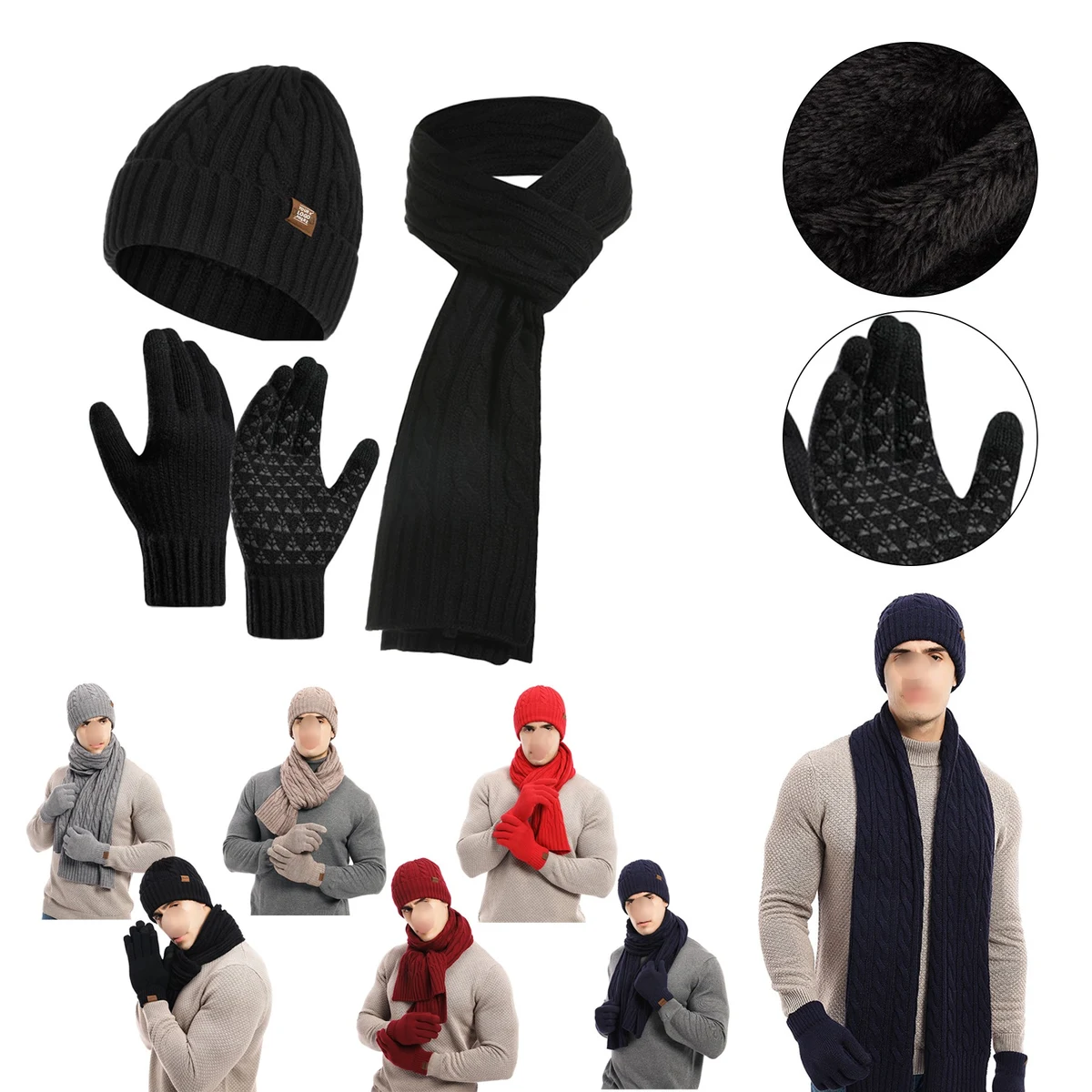 3PC Twist Pattern Wool Cashmere Beanie Scarf Gloves Set 1