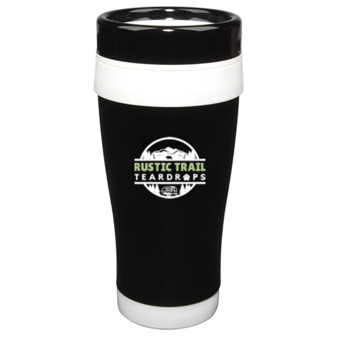 14 oz Formula Seven Stainless Steel Travel Mug with Black Lid And White Accents 1