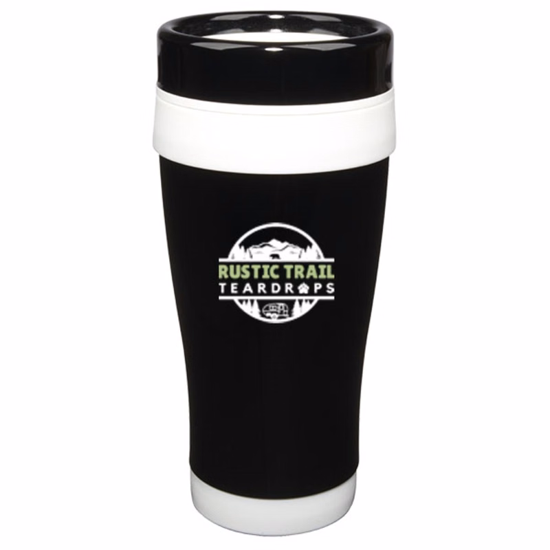 14 oz Formula Seven Stainless Steel Travel Mug with Black Lid And White Accents