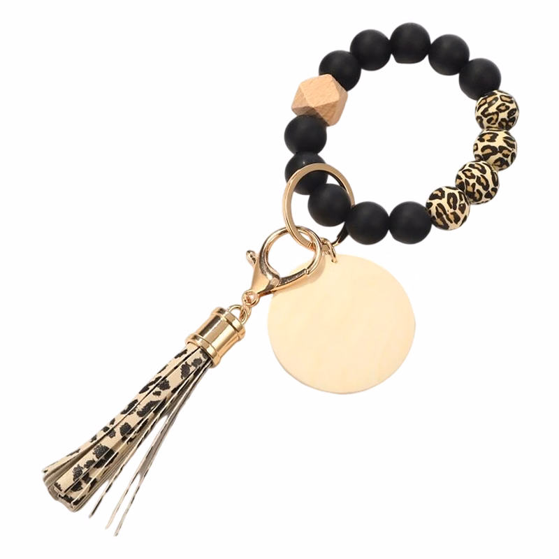 Silicone Bead Wood Bracelet Keychain With Laser Engraving