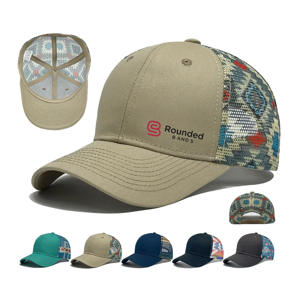 Cotton Patterned Mesh Trucker Cap With Aztec-Style 1