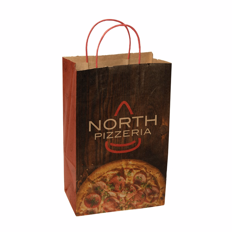 Multi-sided Full Color Natural Shopper Paper Bag - Red Handle (8.5" x 13.375" x 5")