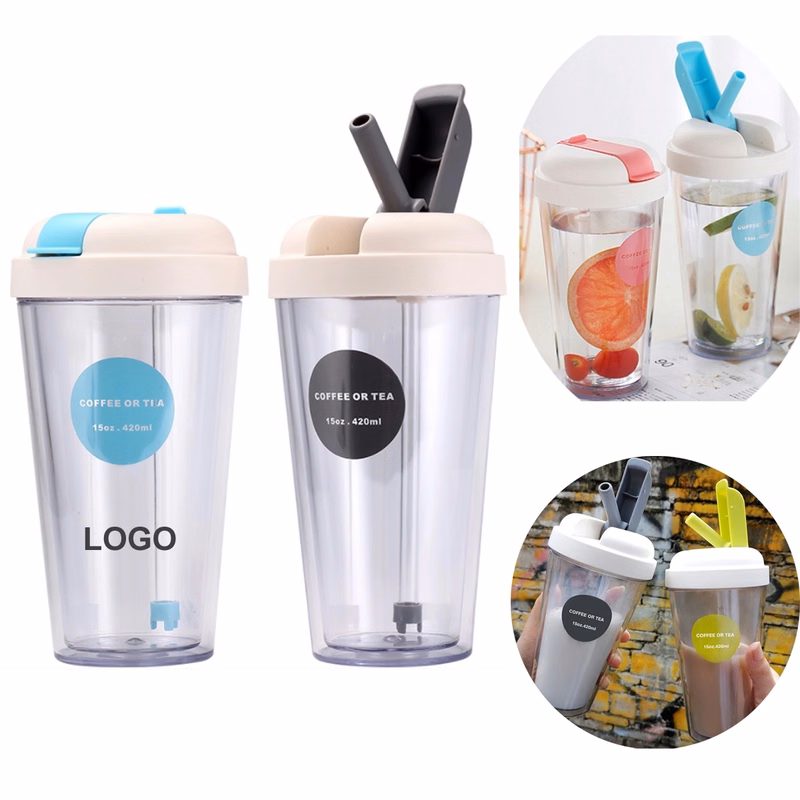 15Oz Reusable Double Plastic Flip Tumbler Cup With Straw