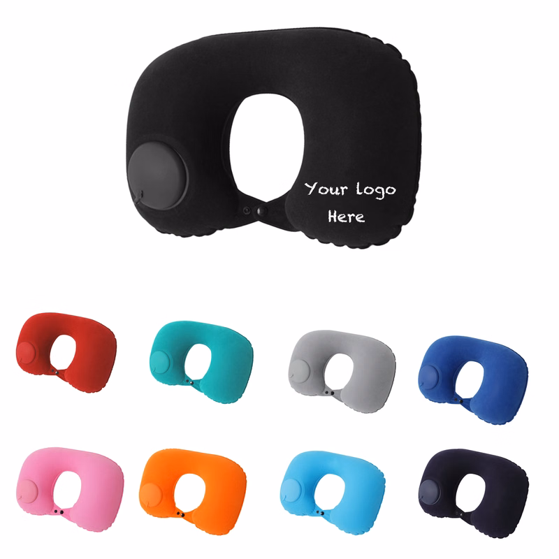Flocked U-Shaped Neck Pillow with Press-to-Inflate Pump