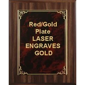 8" x 10" Classic Walnut Finish Plaque with a Red/Gold Aluminum High Relief Plate 1