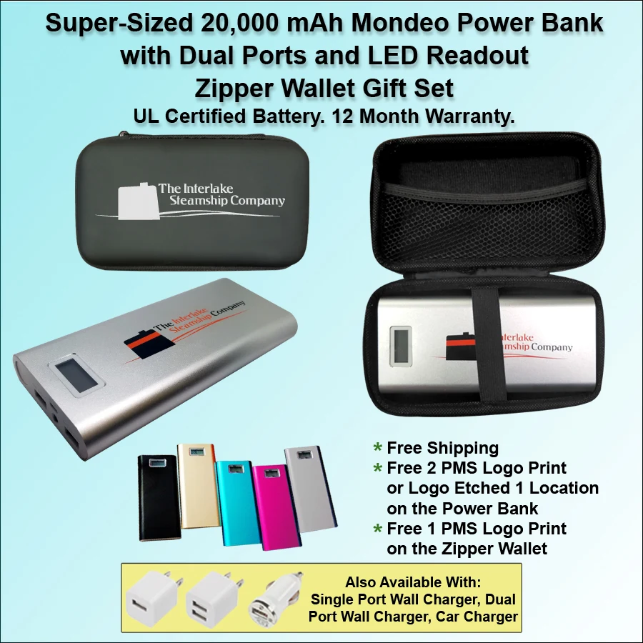 Mondeo Power Bank 20,000 mAh with Dual Ports and LED Readout Zipper Wallet Gift Set 1