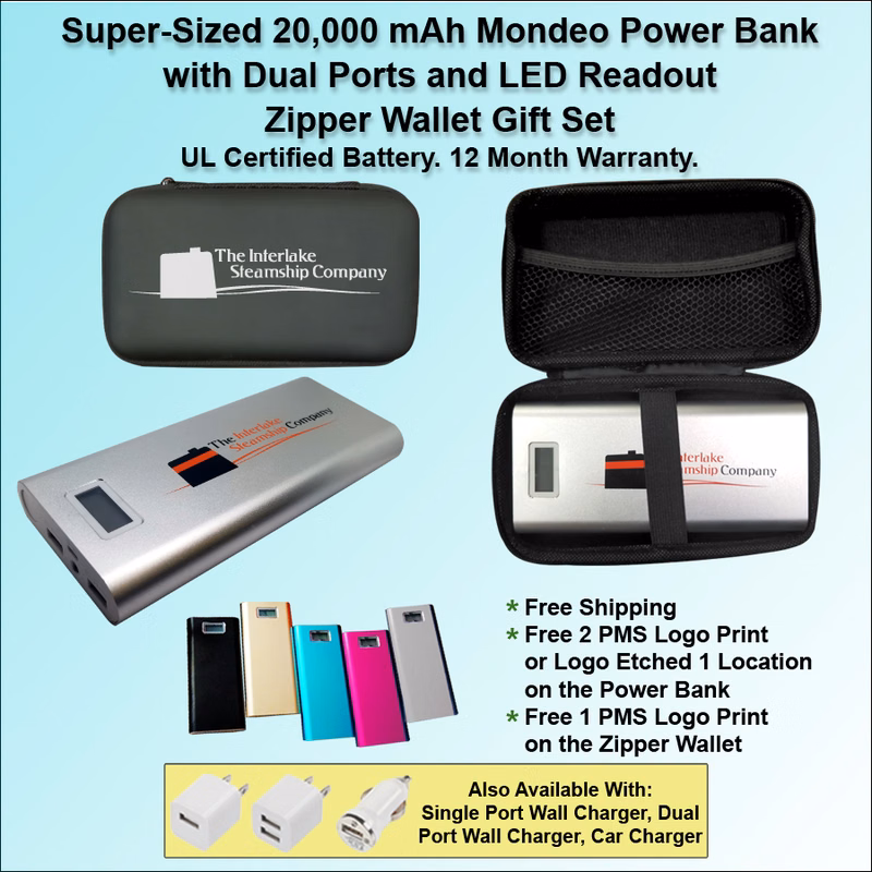 Mondeo Power Bank 20,000 mAh with Dual Ports and LED Readout Zipper Wallet Gift Set