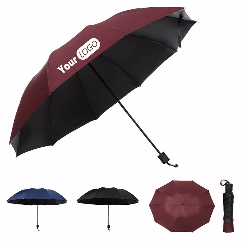 10 Rib Black Coated Manual Fold Umbrella Custom Logo
