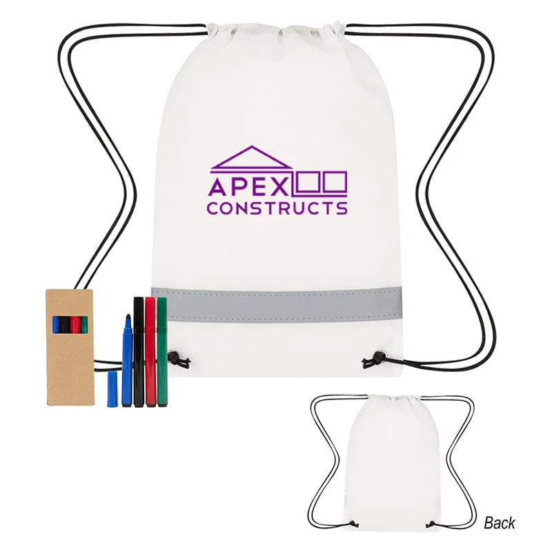 Reflective Non-Woven Coloring Drawstring Bag With 4 Piece Washable Marker Set 1